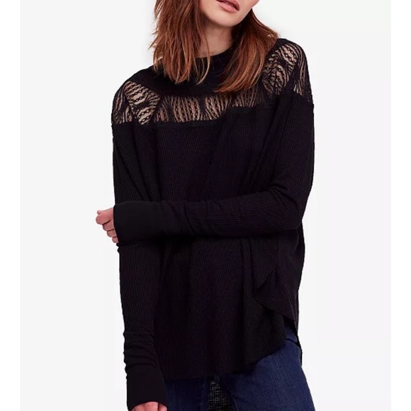 Free People Spring Valley Black Thermal Lace-Trim Top W-128 Sz Small - Picture 3 of 10